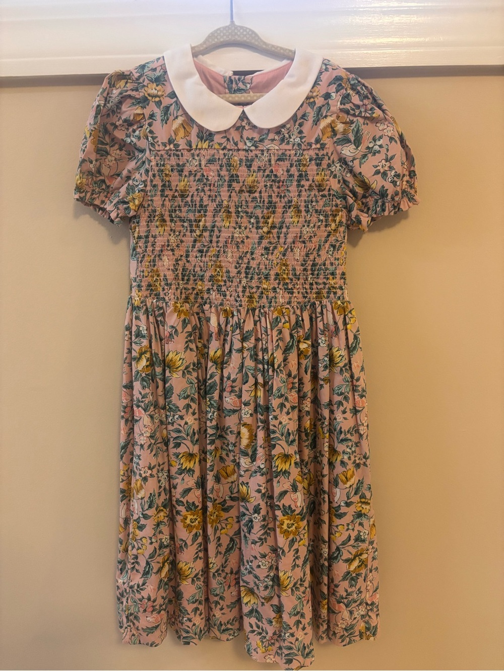Janie and Jack Pink Floral Smocked Dress with White Peter Pan Collar